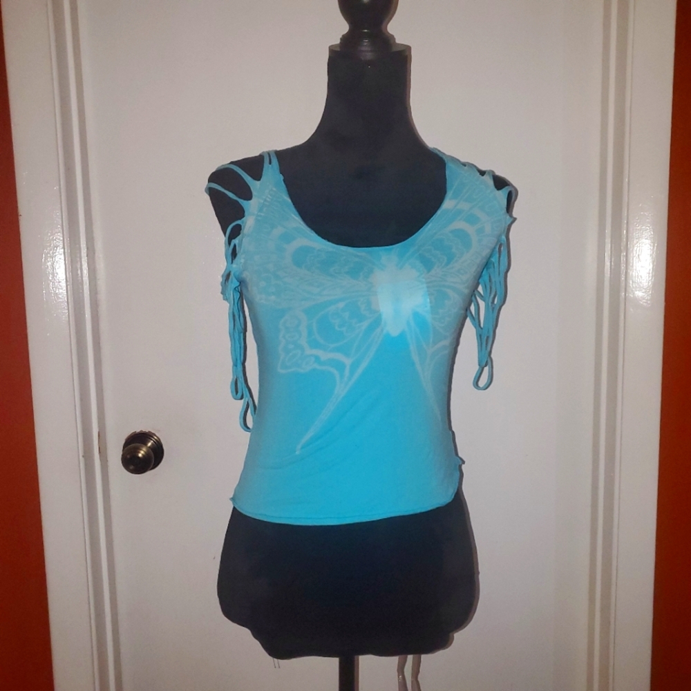 Aqua distressed sleeve top